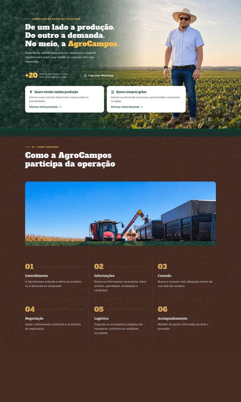 Captura do site da AgroCampos, corretora de grãos no Tocantins