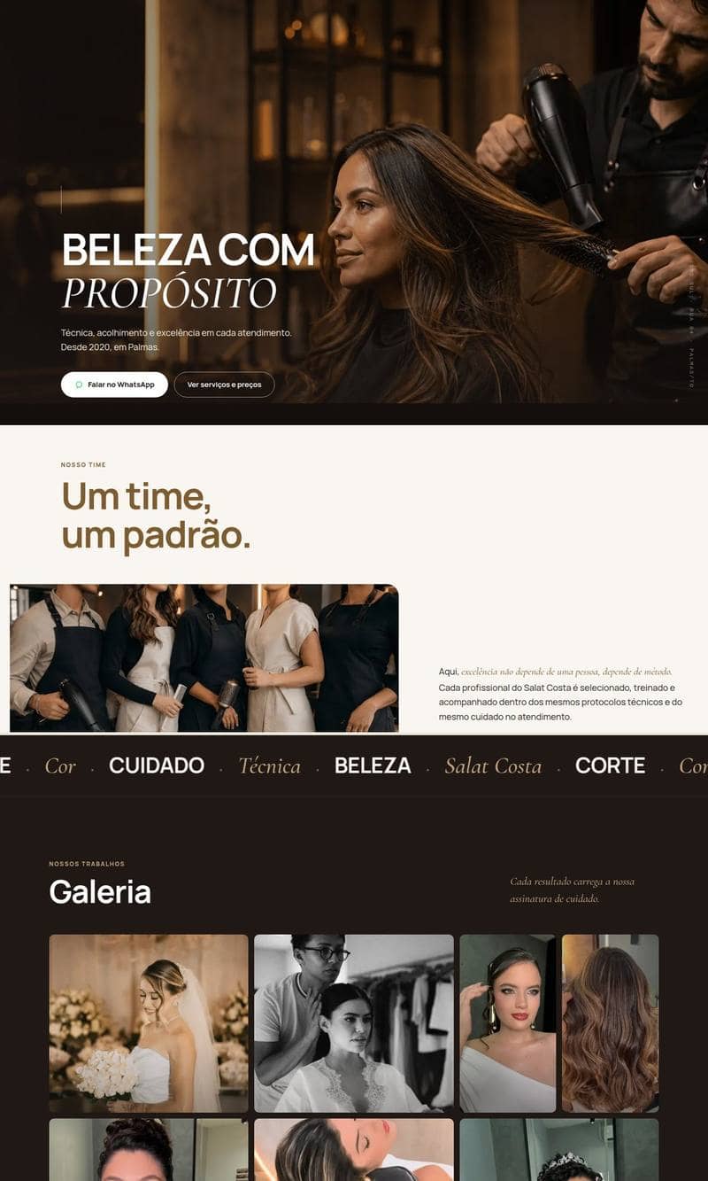 Captura do site do Salat Costa, com a headline Beleza com Propósito e a galeria de trabalhos